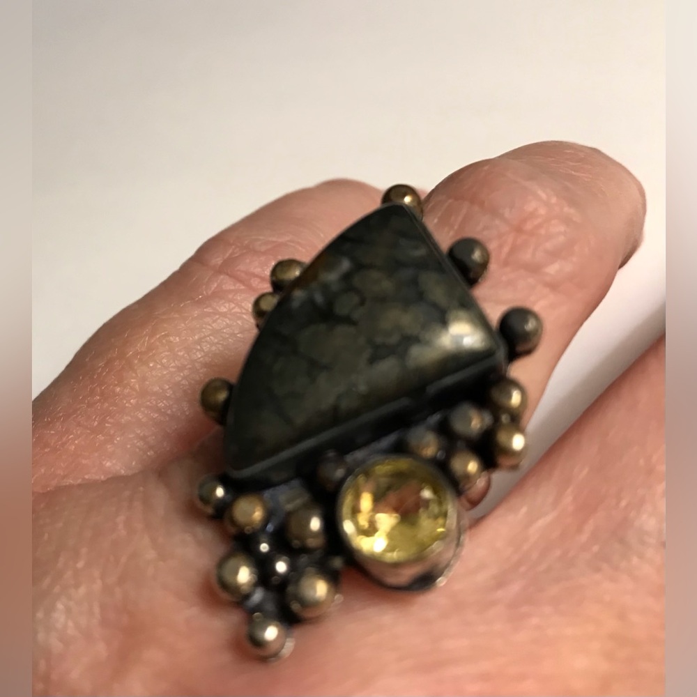 Pyrite Citrine Stamped 925 Sterling Silver Ring